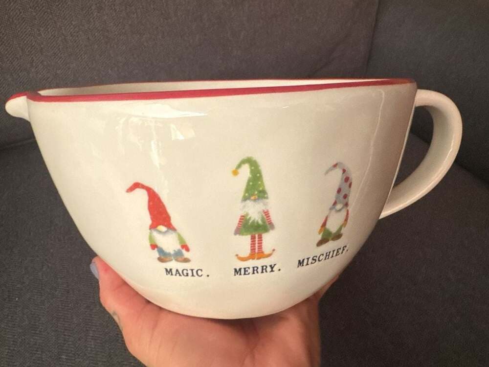 Large Rae Dunn Magic Merry Mischief Gnome Xmas Ceramic Spouted Mixing BowlHandle